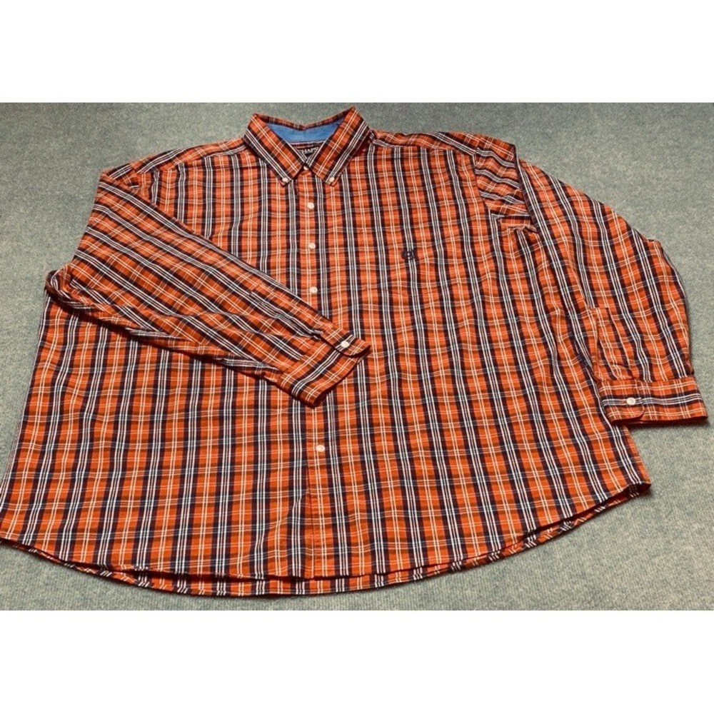 Chaps Button Down Shirt Men 3XB Orange Plaid Stretch Easy Care Long Sleeve